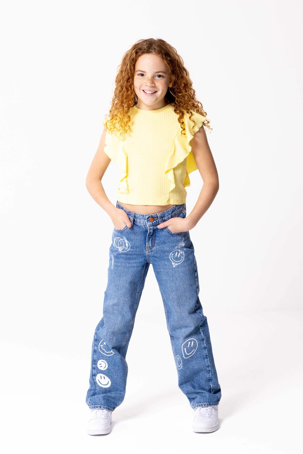 Gele meisjes KIDS ONLY GIRL T-shirt met korte mouwen, ronde hals en ruches