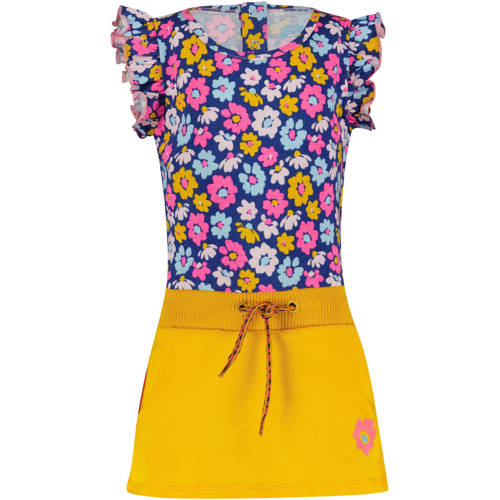 4PRESIDENT gebloemde A-lijn jurk Chaya geel/roze/blauw Multi Meisjes Stretchkatoen Ronde hals - 74