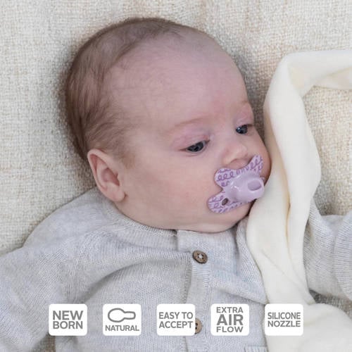 Difrax Natural Fopspeen Newborn Beige met printje 2 stuks