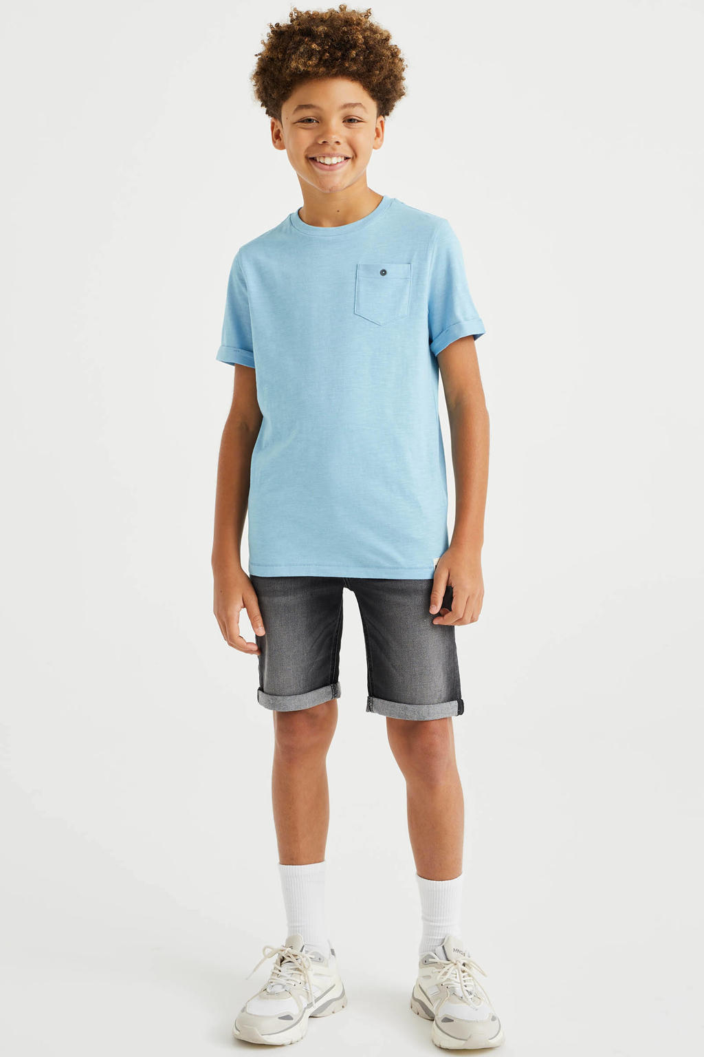 Lichtblauwe jongens WE Fashion T-shirt van katoen met korte mouwen en ronde hals