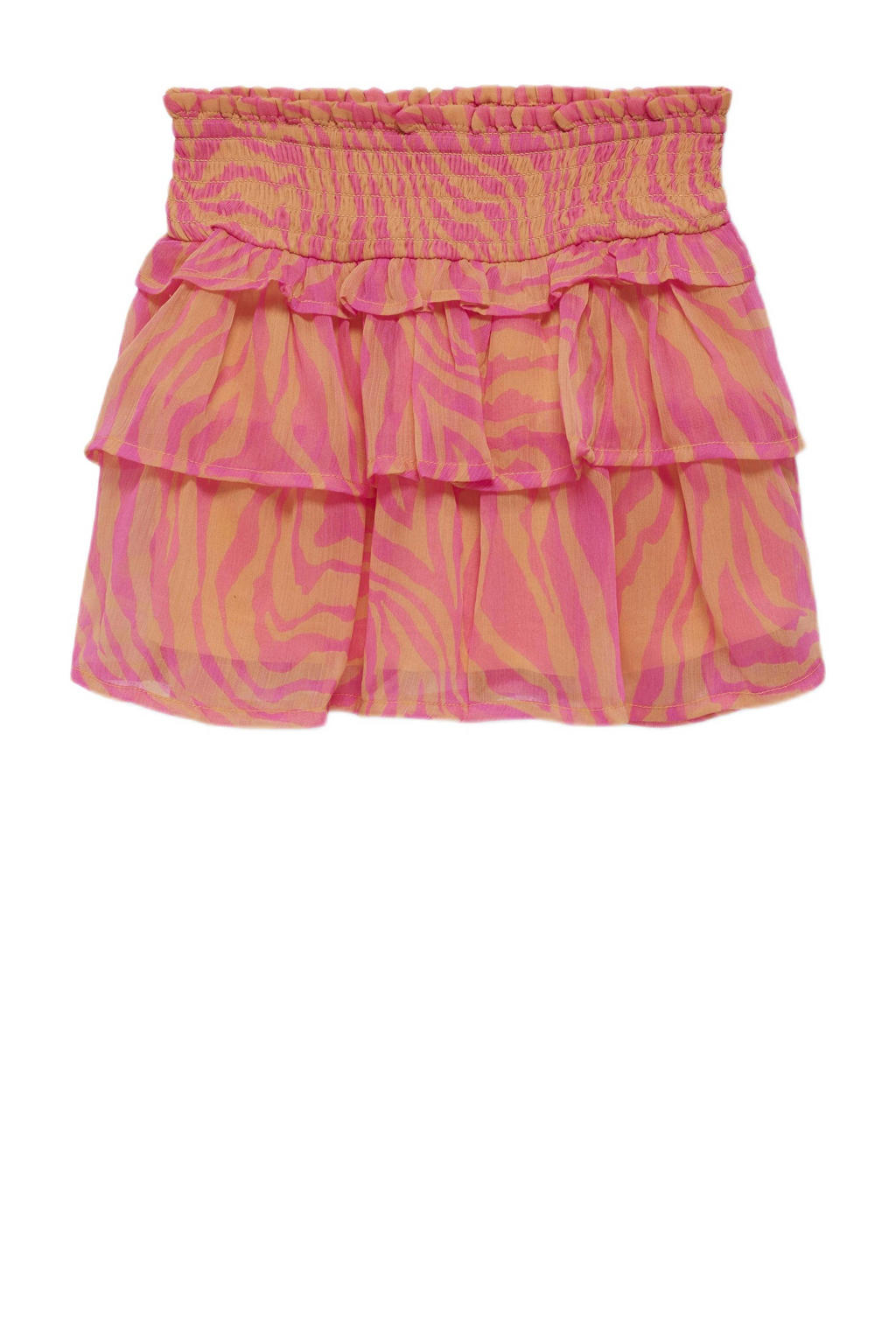 Roze en oranje meisjes KIDS ONLY MINI rok met all over print felroze voorzien van elastische tailleband