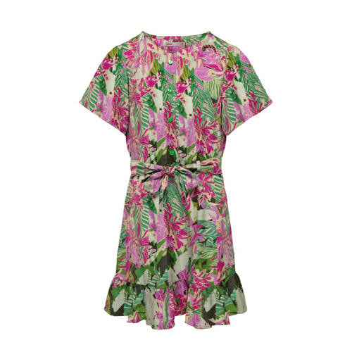 KIDS ONLY GIRL jurk KOGLINO met all over print en volant roze/groen Meisjes Polyester Ronde hals - 140