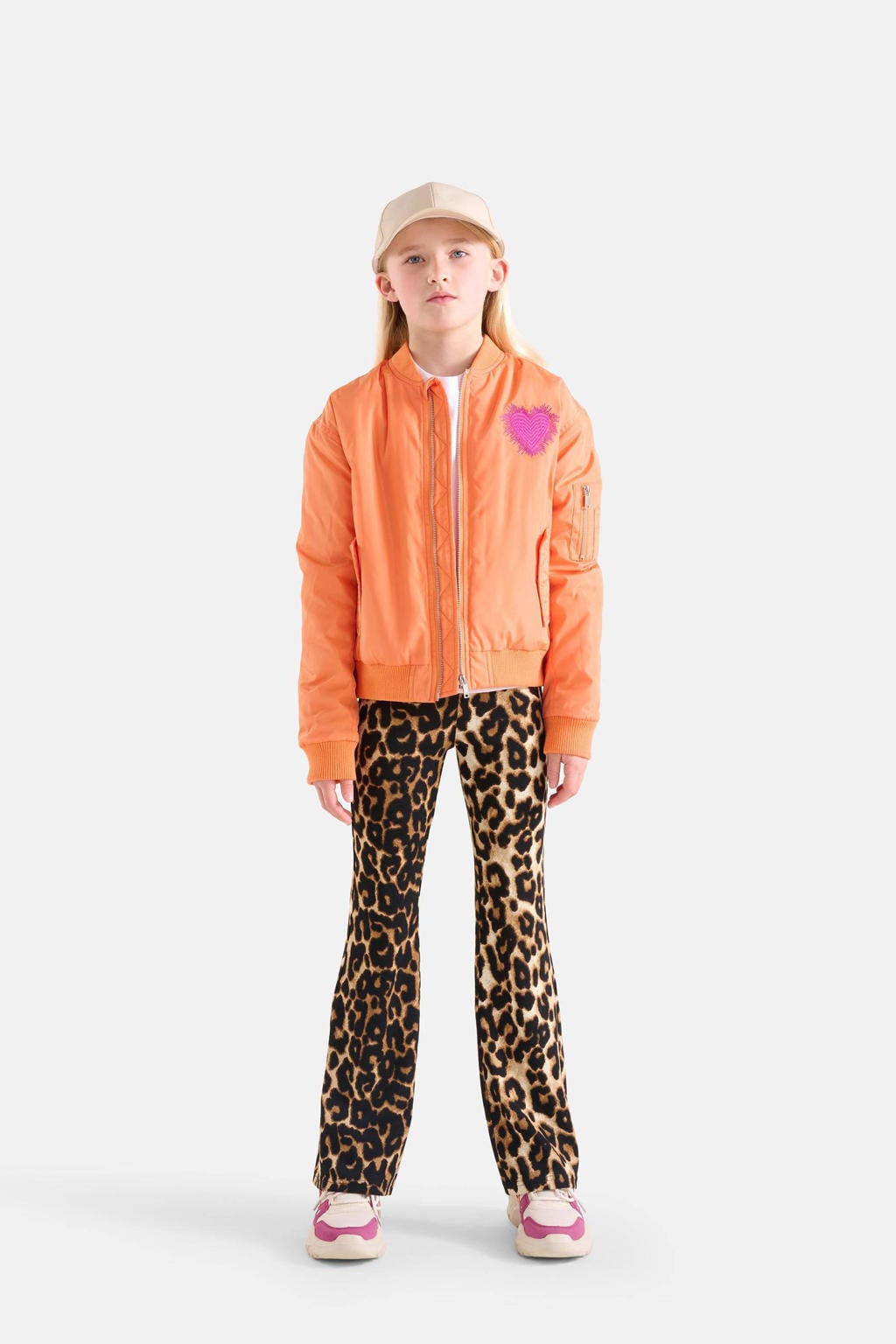 Oranje meisjes Shoeby bomberjack zomer van polyester met printopdruk, lange mouwen, opstaande kraag en ritssluiting