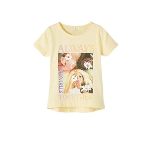 NAME IT MINI Barbie T-shirt NMFABELINE met printopdruk lichtgeel Meisjes Stretchkatoen Ronde hals