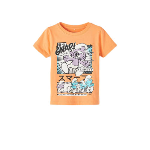 NAME IT MINI T-shirt NMMADRI SMURF met printopdruk oranje Jongens Stretchkatoen Ronde hals