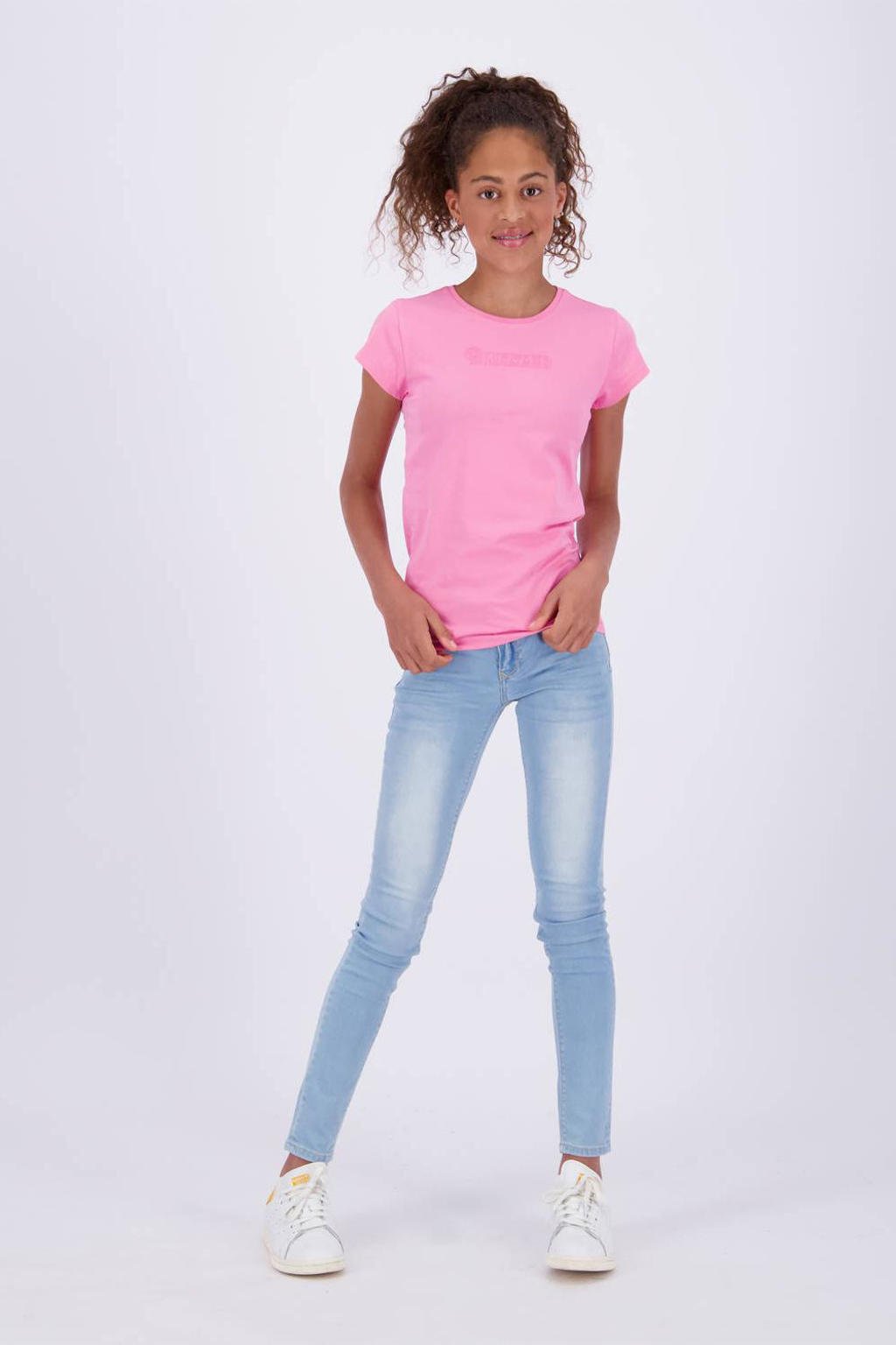 Roze meisjes Raizzed T-shirt van stretchkatoen met logo dessin, korte mouwen en ronde hals