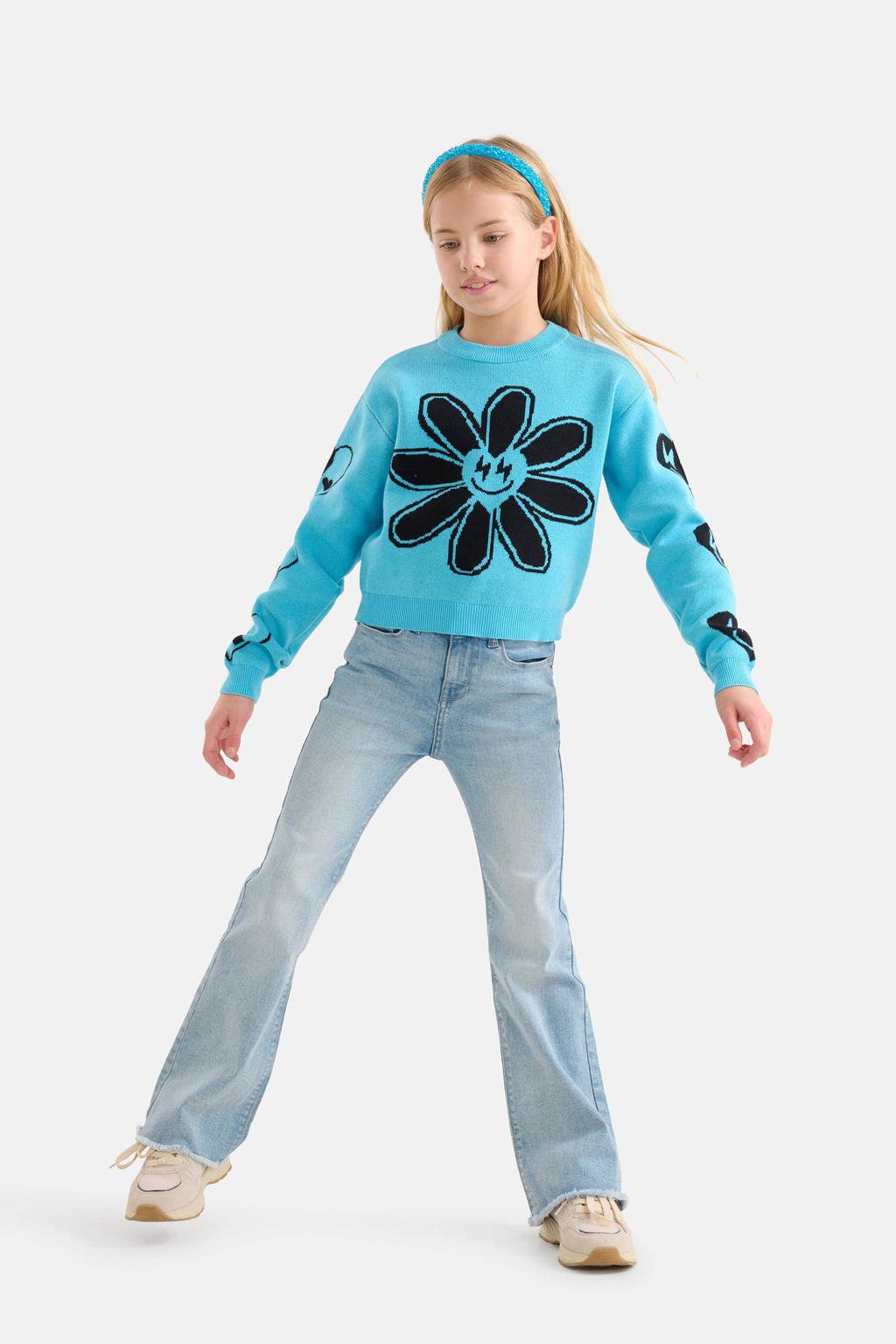 Light blue denim meisjes Shoeby flared jeans van stretchdenim met regular waist en rits- en knoopsluiting