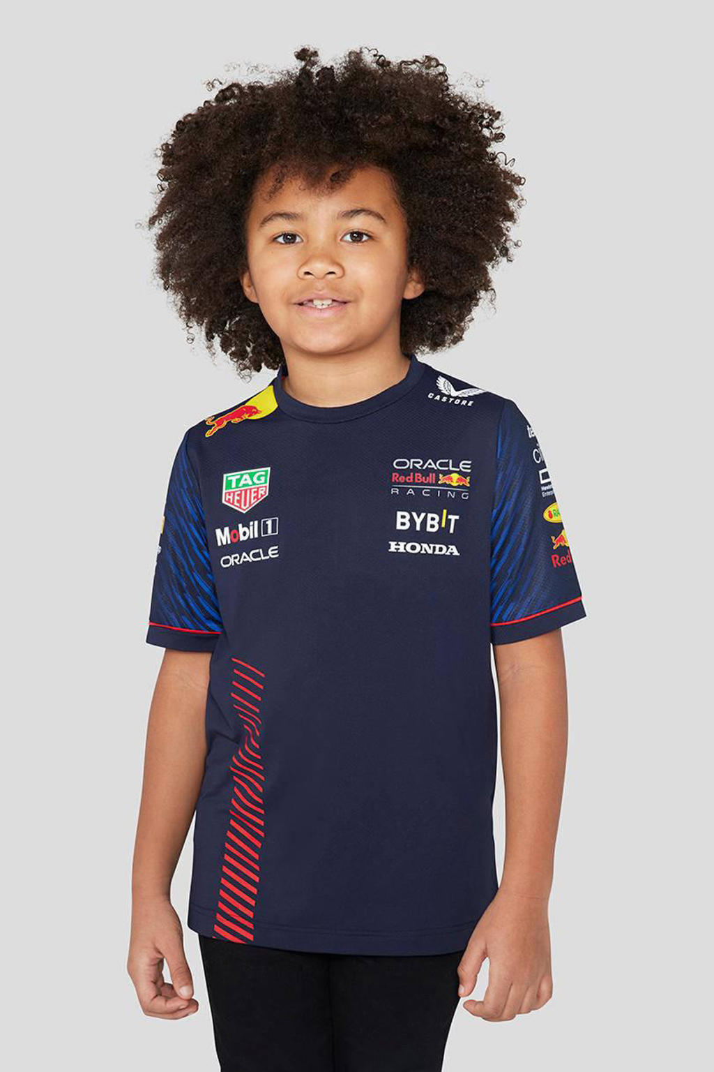 Blauwe jongens en meisjes Castore Red Bull Racing Set Up T-shirt van polyester met logo dessin, korte mouwen en ronde hals