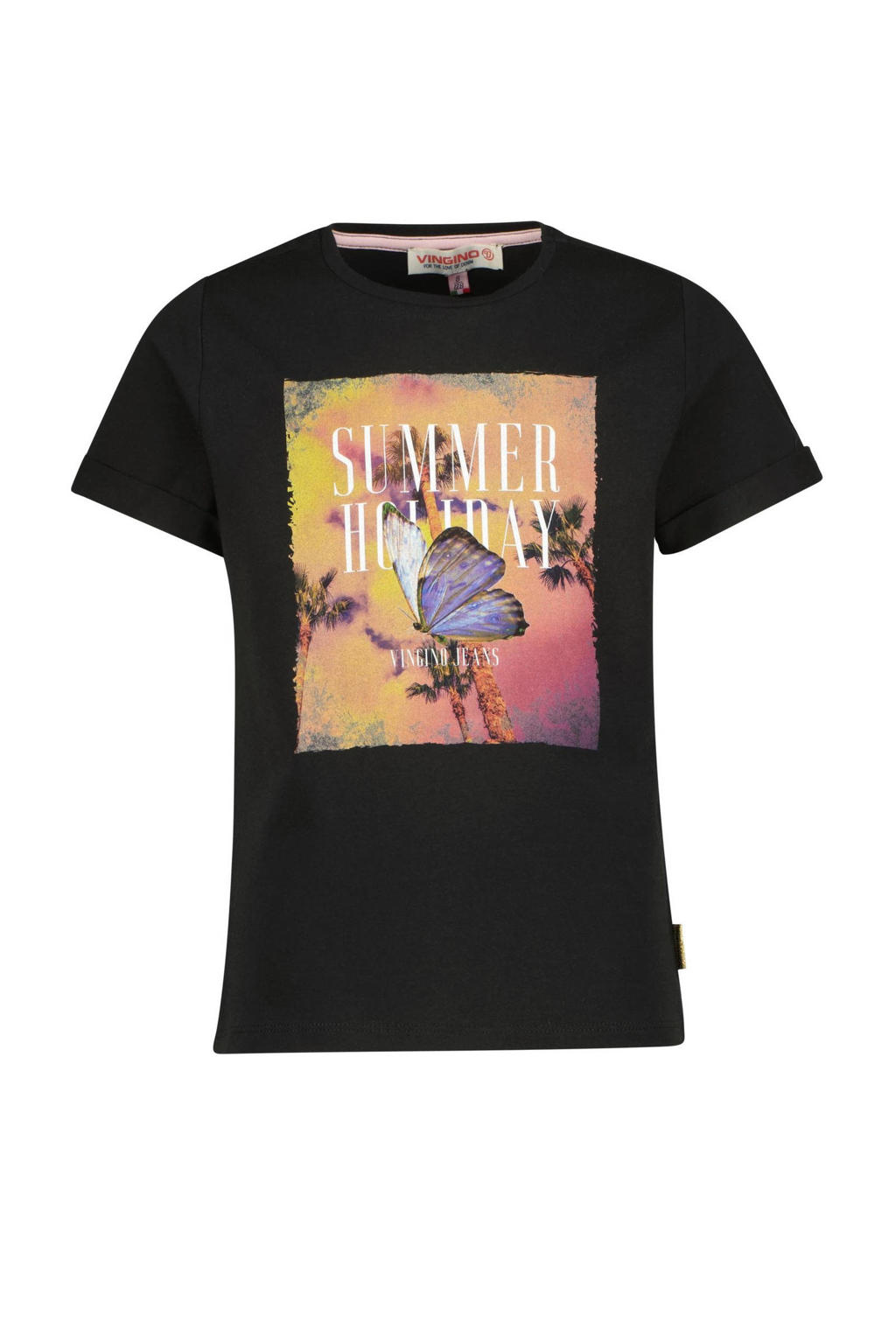 Zwarte meisjes Vingino T-shirt van stretchkatoen met printopdruk, korte mouwen en ronde hals