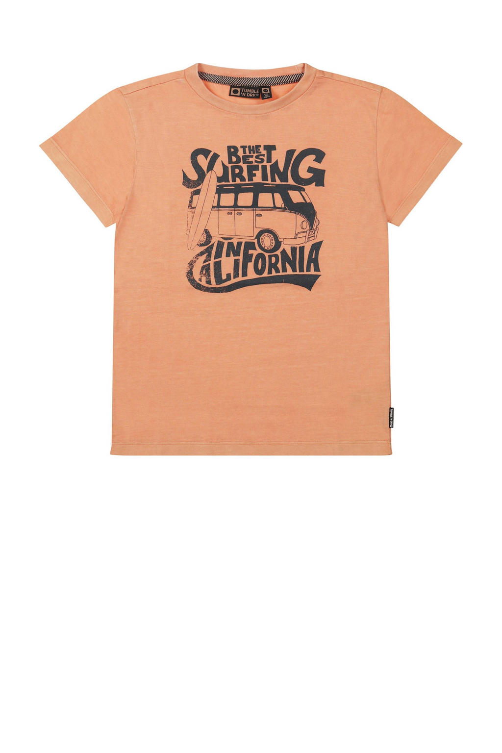 Oranje jongens Tumble 'n Dry Mid T-shirt Barrel van katoen zacht met printopdruk, korte mouwen en ronde hals