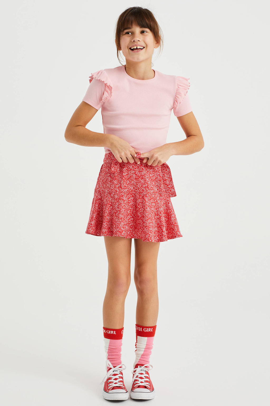 Rood en witte meisjes WE Fashion skort van gerecycled polyester voorzien van elastische tailleband