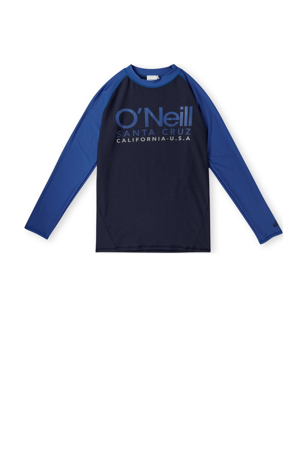 Donkerblauwe jongens en meisjes O'Neill UV shirt Cali van gerecycled polyamide met logo dessin, lange mouwen en ronde hals