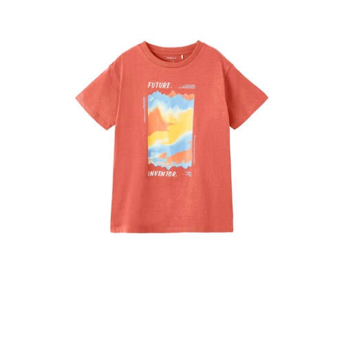 NAME IT KIDS T-shirt NKMDIMON met printopdruk koraal Oranje Jongens Stretchkatoen Ronde hals