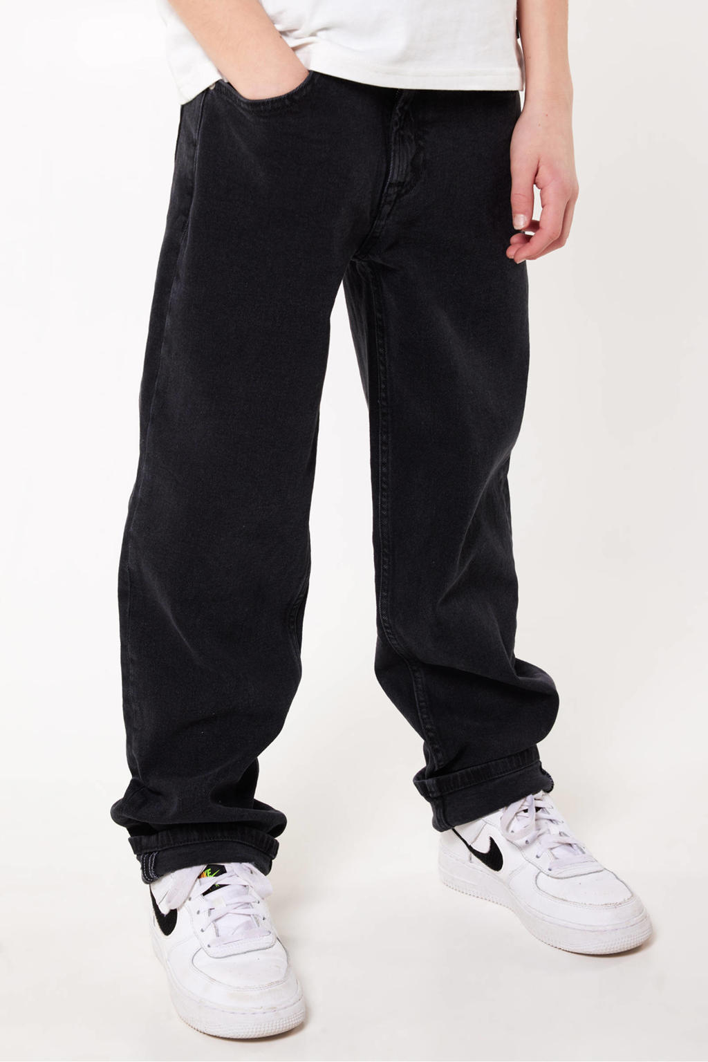 Zwarte jongens America Today loose fit jeans Dallas Jr van katoen met regular waist, rits- en knoopsluiting en effen