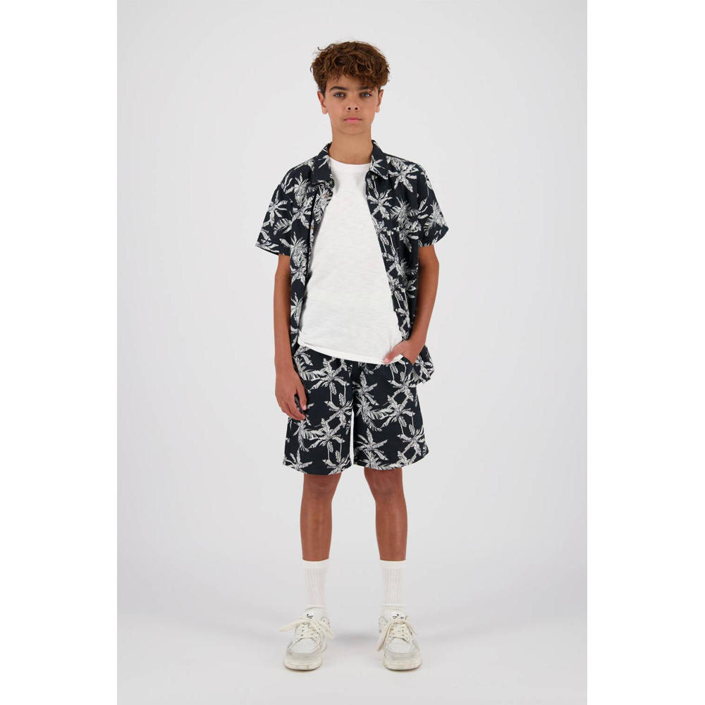 Zwarte jongens Vingino gebloemde regular fit short Raygo van polyester met elastische tailleband met koord