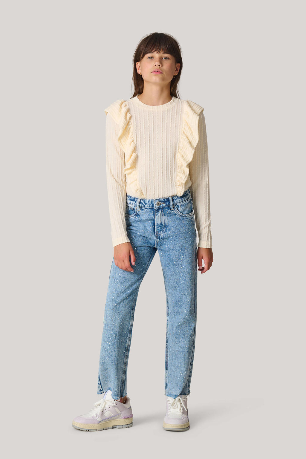 Medium blue denim meisjes Shoeby strass wide leg jeans medium stonewashed van denim met loose fit, high waist en effen