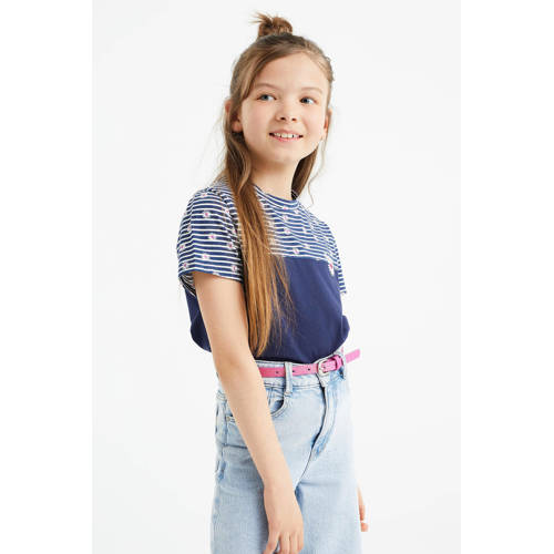 WE Fashion T-shirt met all over print donkerblauw Meisjes Stretchkatoen Ronde hals 98 104