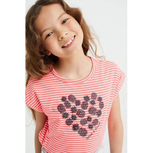 WE Fashion gestreept T-shirt roze Meisjes Katoen Ronde hals Streep 110 116