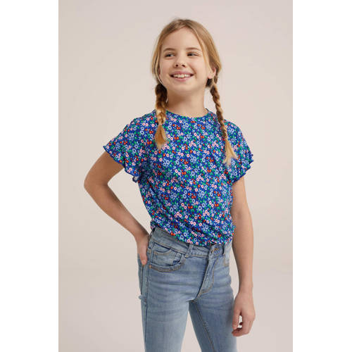 WE Fashion T-shirt met all over print blauw Meisjes Viscose Ronde hals 92