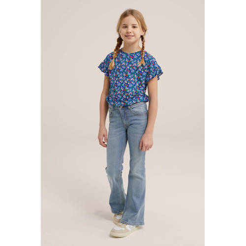 WE Fashion T-shirt met all over print blauw Meisjes Viscose Ronde hals 92