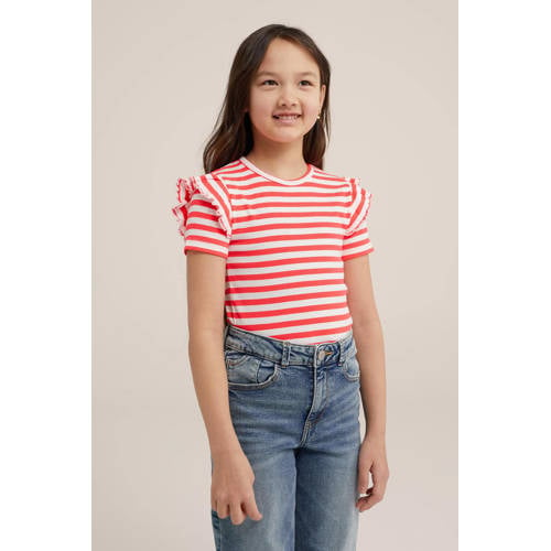 WE Fashion gestreept T-shirt rood wit Meisjes Polyester Ronde hals Streep 92