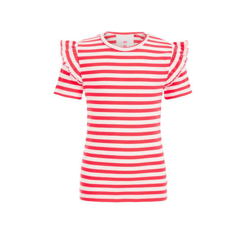 WE Fashion gestreept T-shirt rood/wit Meisjes Polyester Ronde hals Streep