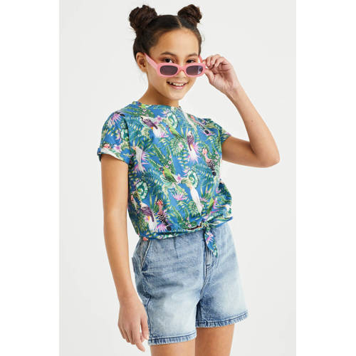 WE Fashion T-shirt met all over print blauw Meisjes Biologisch katoen Ronde hals