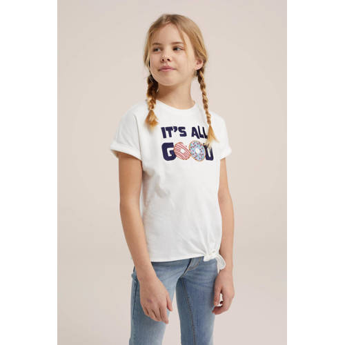 WE Fashion T-shirt met tekst wit Meisjes Stretchkatoen Ronde hals Tekst 92