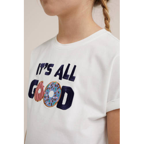 WE Fashion T-shirt met tekst wit Meisjes Stretchkatoen Ronde hals Tekst 110 116