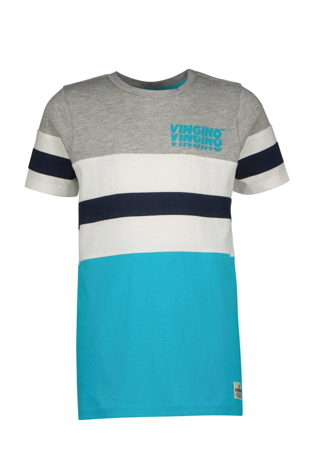Lichtblauw, grijs en donkerblauwe jongens Vingino T-shirt van katoen met meerkleurige print, korte mouwen en ronde hals