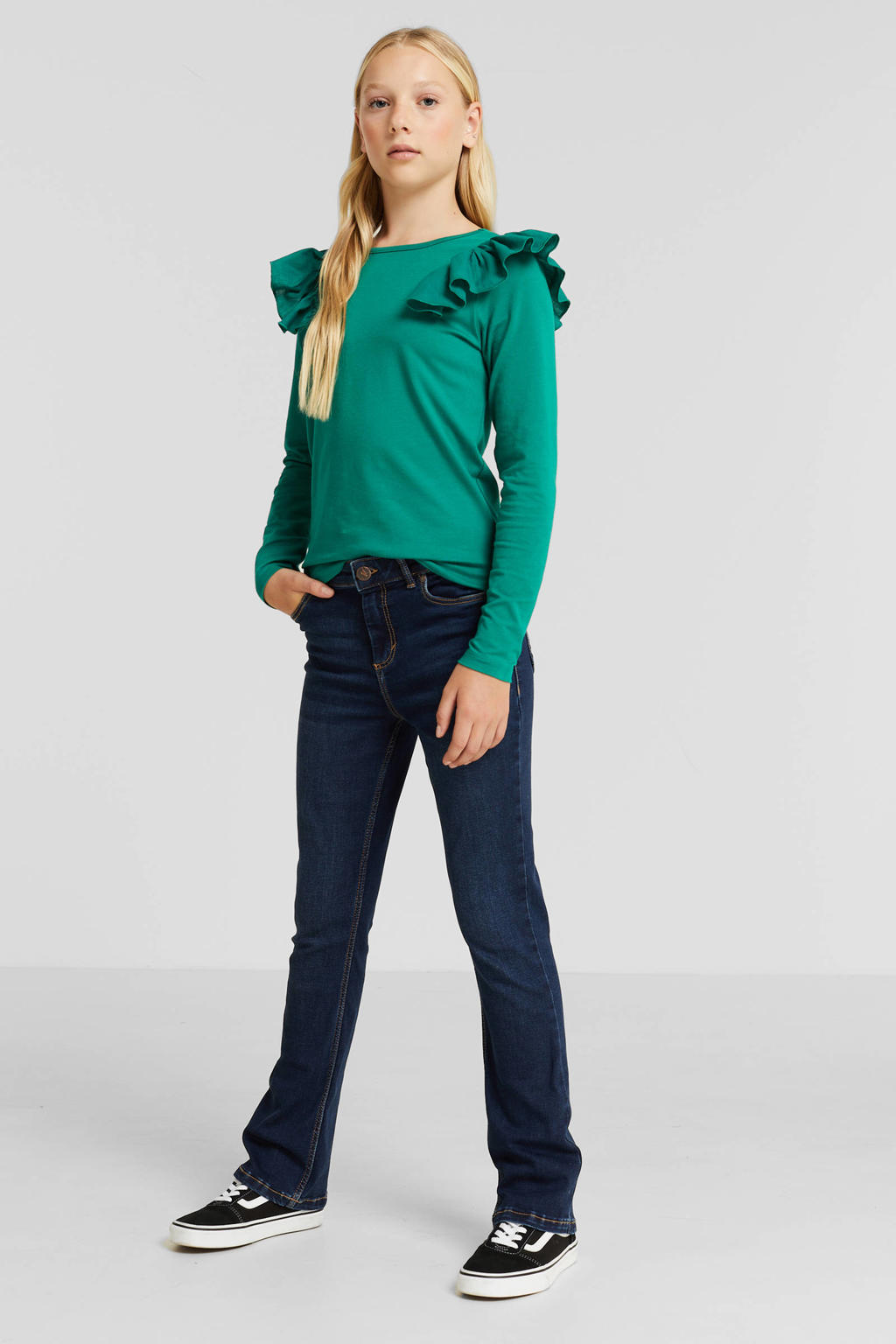 Dark blue denim meisjes anytime flared jeans van stretchdenim met regular waist en rits- en knoopsluiting