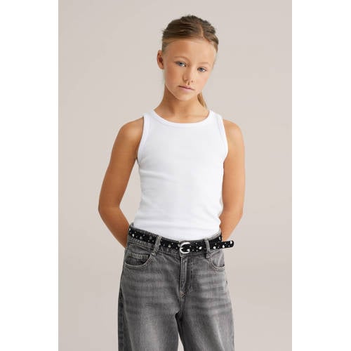 WE Fashion ribgebreide top wit Meisjes Katoen Ronde hals Effen