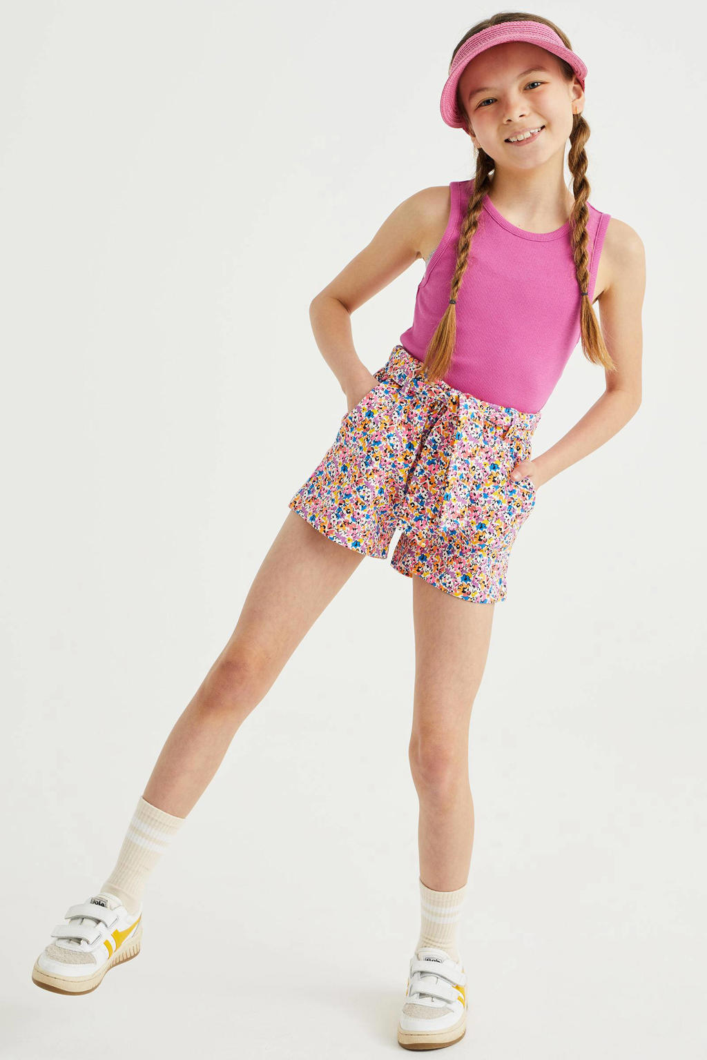 Fuchsia meisjes WE Fashion ribgebreide top van katoen met effen en ronde hals