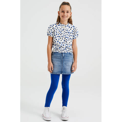 WE Fashion top met hartjes en plooien wit Meisjes Viscose Opstaande kraag 92