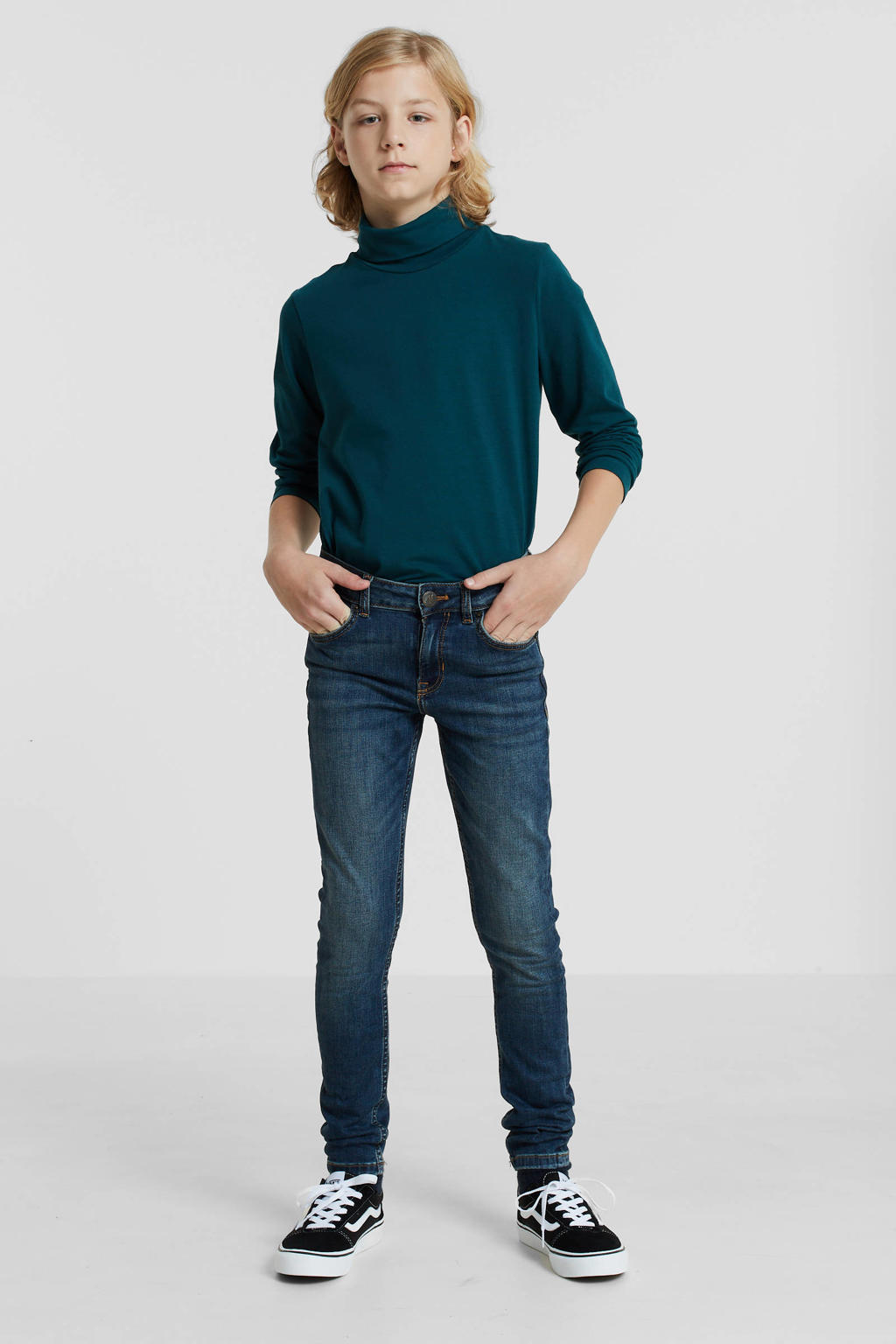 Medium blue denim jongens anytime skinny jeans van stretchdenim met regular waist en rits- en knoopsluiting