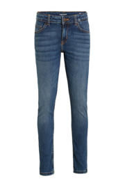 thumbnail: Donkerblauwe jongens anytime skinny jeans van stretchdenim met regular waist, rits- en knoopsluiting en effen
