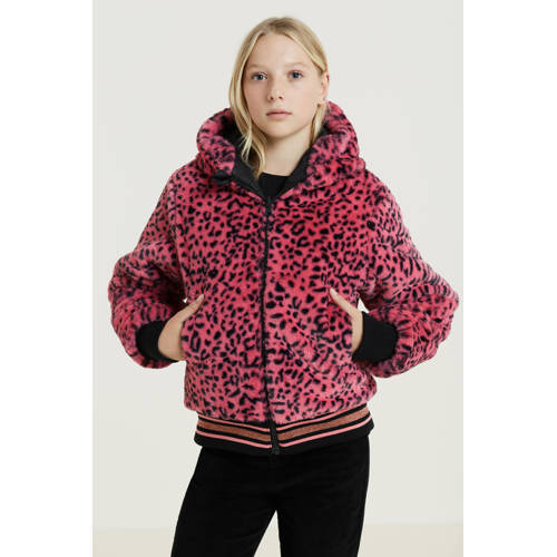 anytime reversible winterjas roze/zwart Meisjes Polyester Capuchon Panterprint - 110/116
