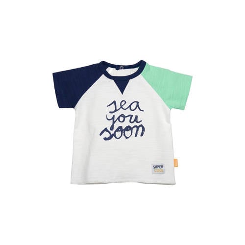 BESS baby T-shirt met tekst wit/groen/blauw Jongens Katoen Ronde hals Tekst
