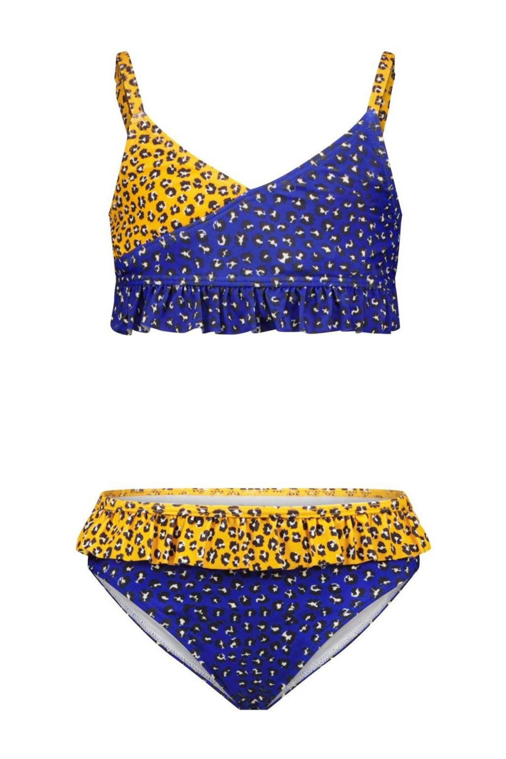 B.Nosy crop bikini met all over print en ruches blauw/geel