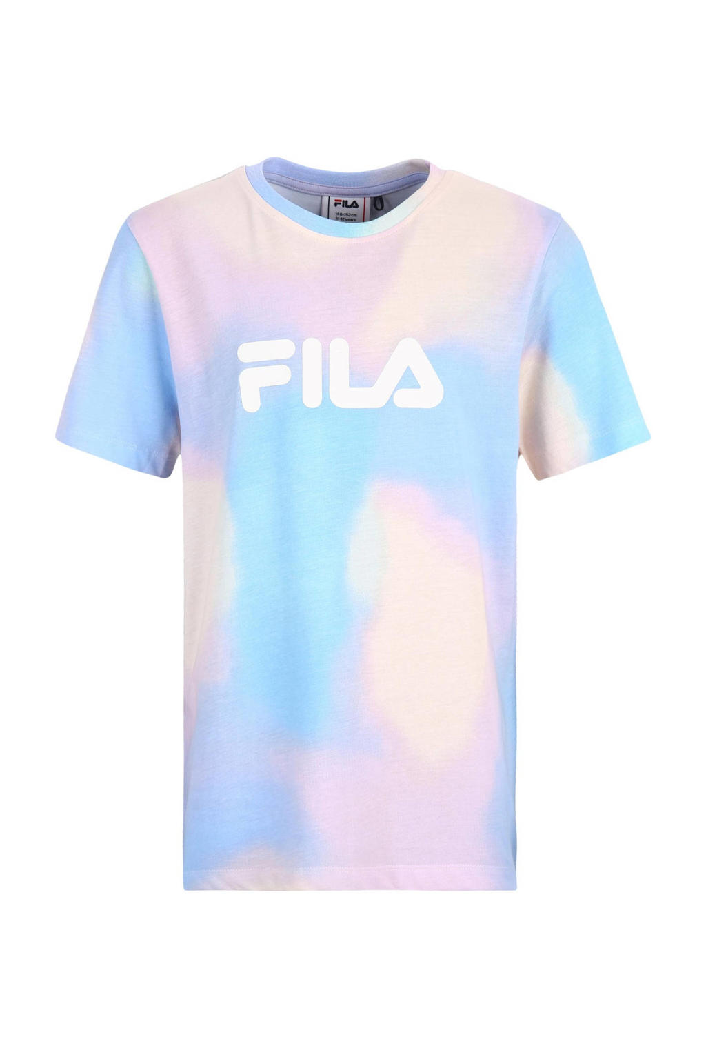 Lichtblauw, lichtroze en ecru jongens en meisjes Fila T-shirt Schuby van katoen met meerkleurige print, korte mouwen en ronde hals