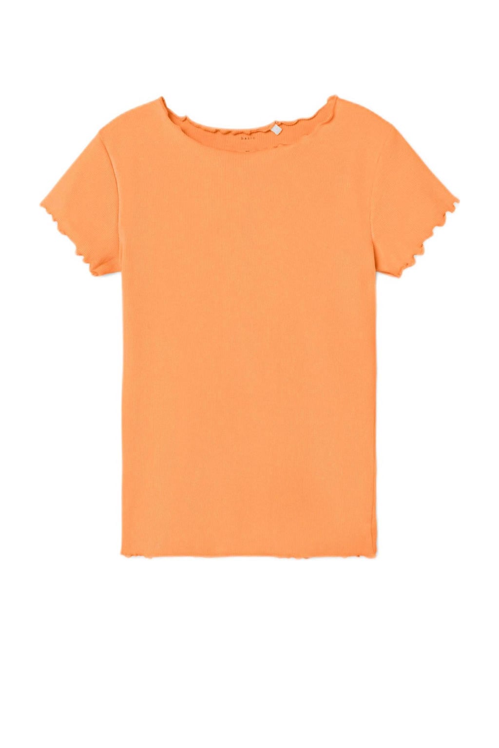 Oranje meisjes NAME IT KIDS ribgebreid T-shirt van stretchkatoen met korte mouwen en ronde hals