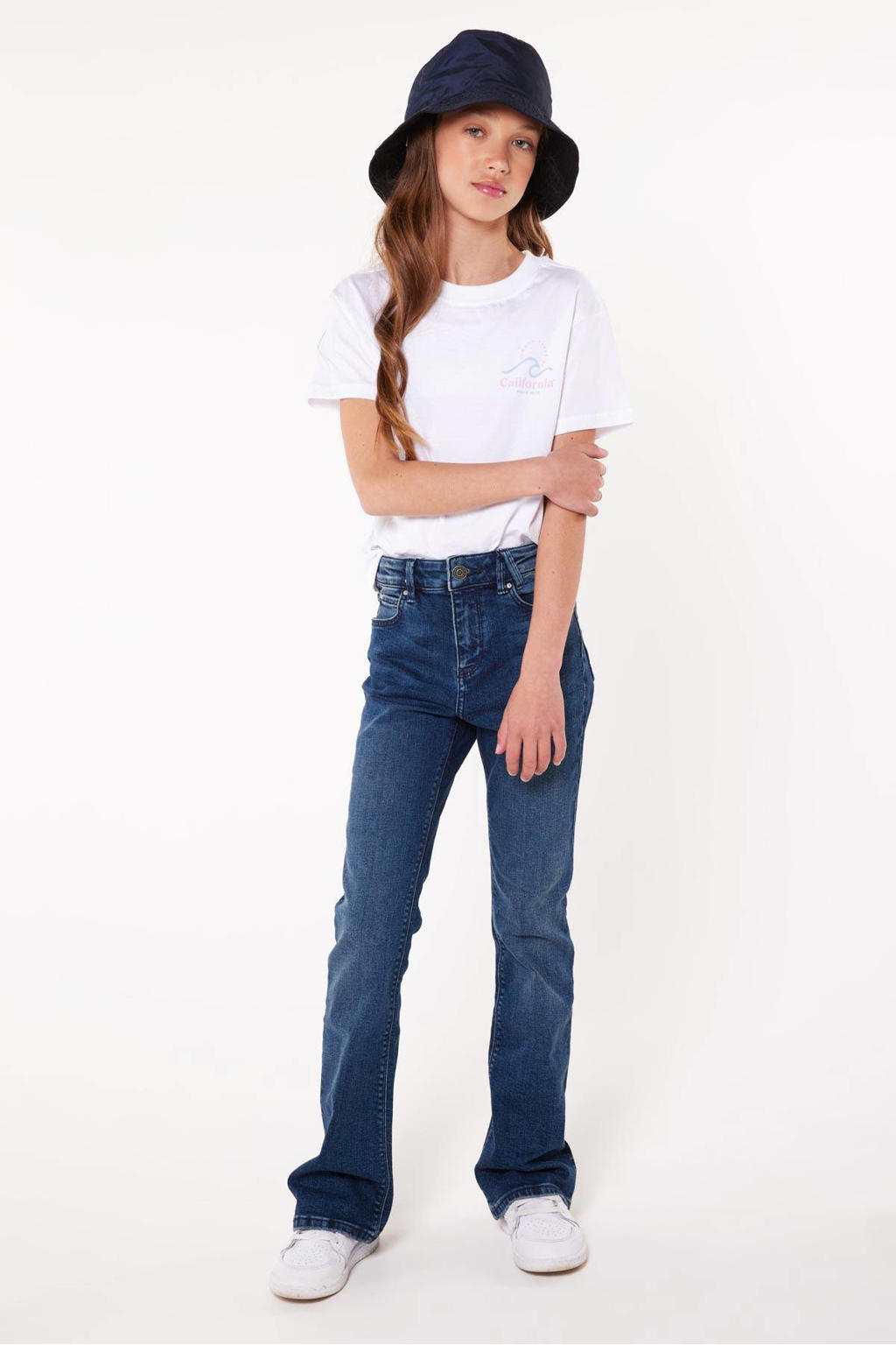Blauwe meisjes America Today flared jeans Emily Flare Jr van stretchdenim met rits- en knoopsluiting en effen