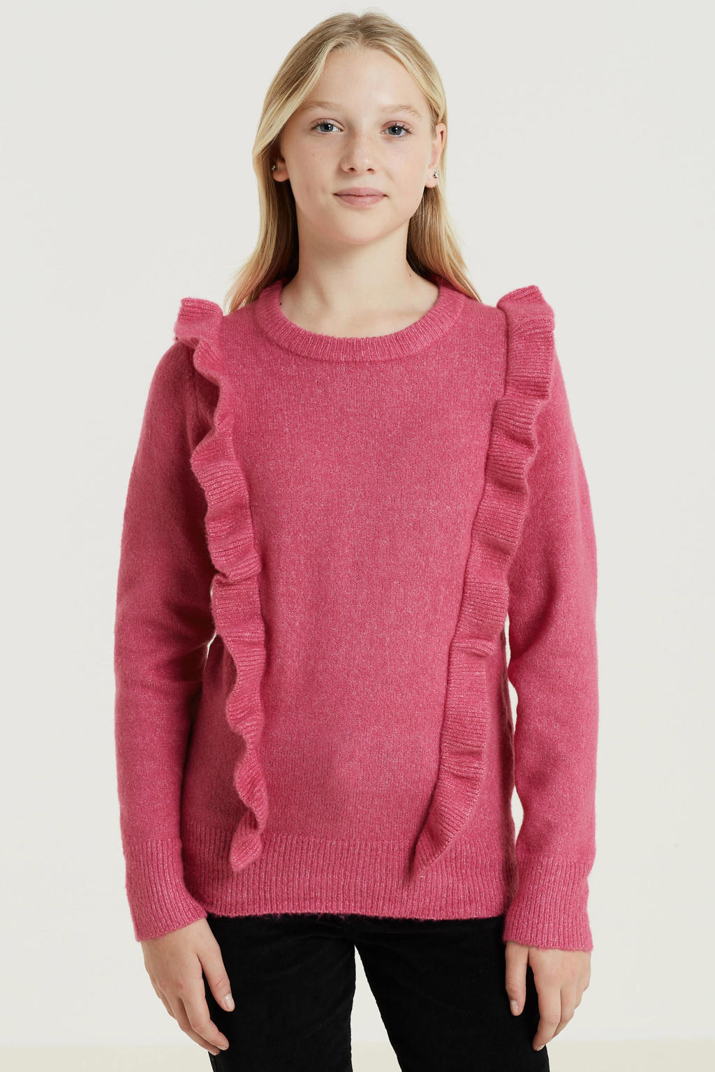 Roze meisjes anytime gebreide trui van acryl met lange mouwen en ronde hals