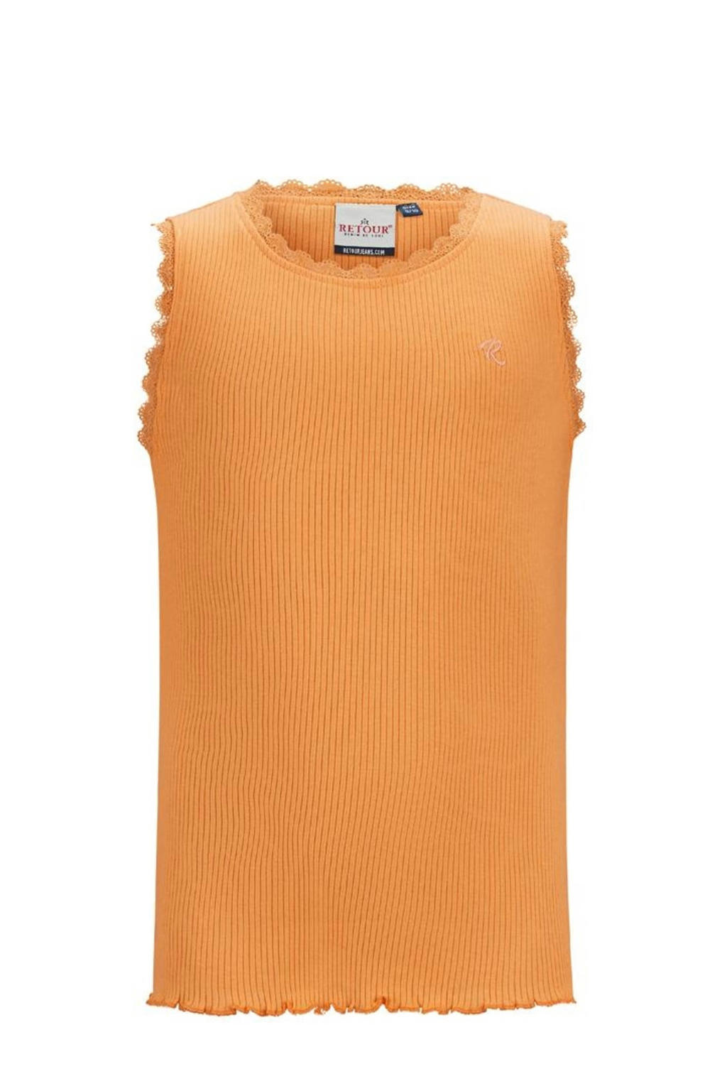 Oranje meisjes Retour Jeans ribgebreid T-shirt Orlene van katoen met effen, ronde hals en kant