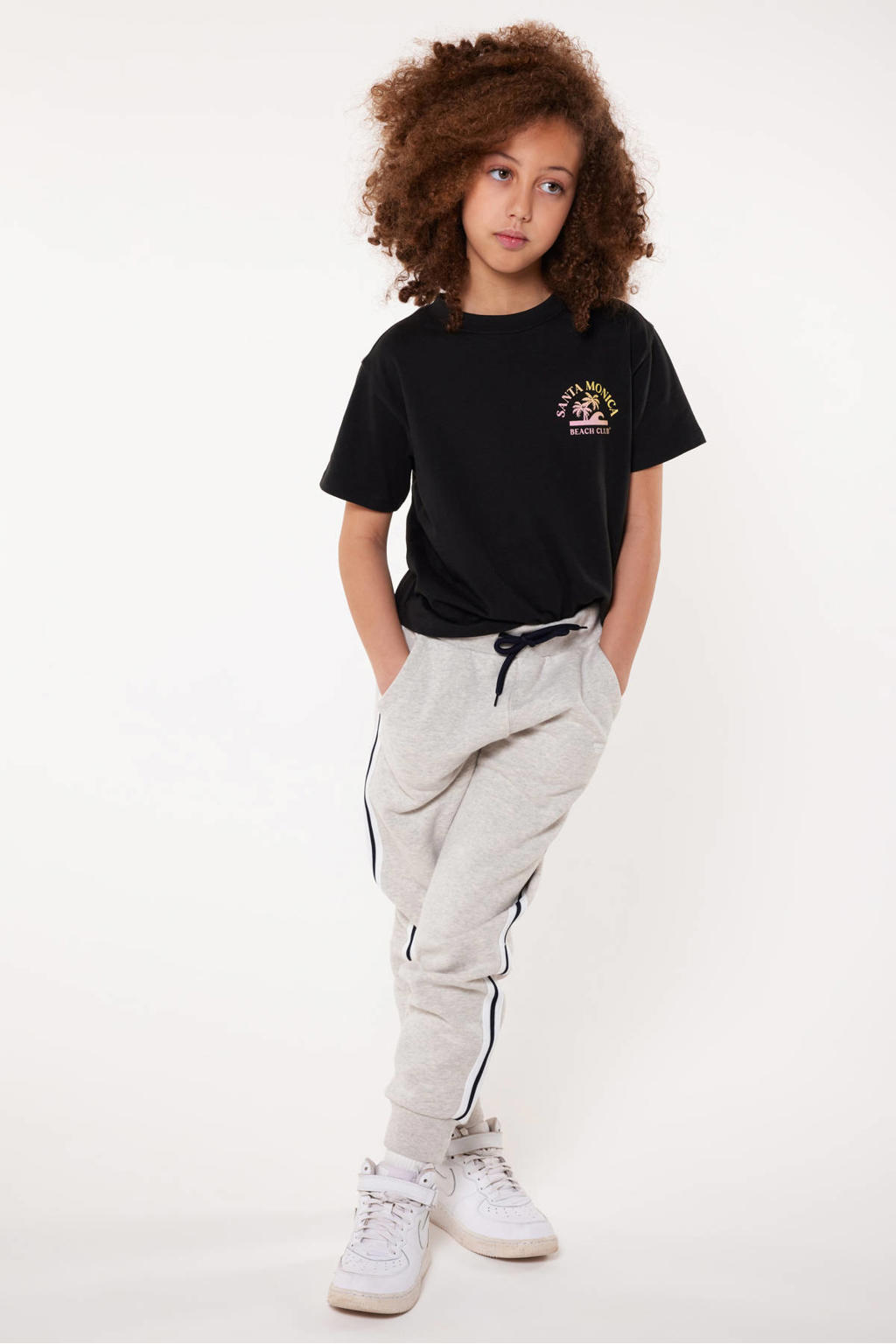 Grijze meisjes America Today slim fit joggingbroek Car Jr van katoen met regular waist, elastische tailleband met koord en effen