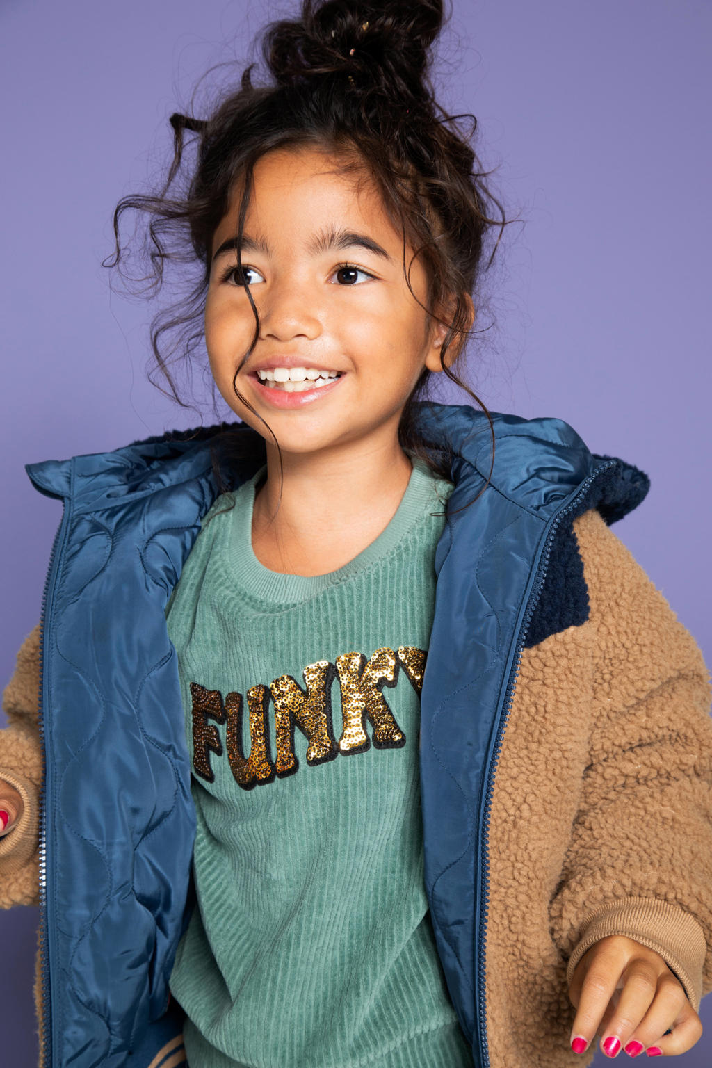 Blauw en bruine meisjes Orange Stars reversible winterjas Nanet van polyester met lange mouwen, capuchon en ritssluiting