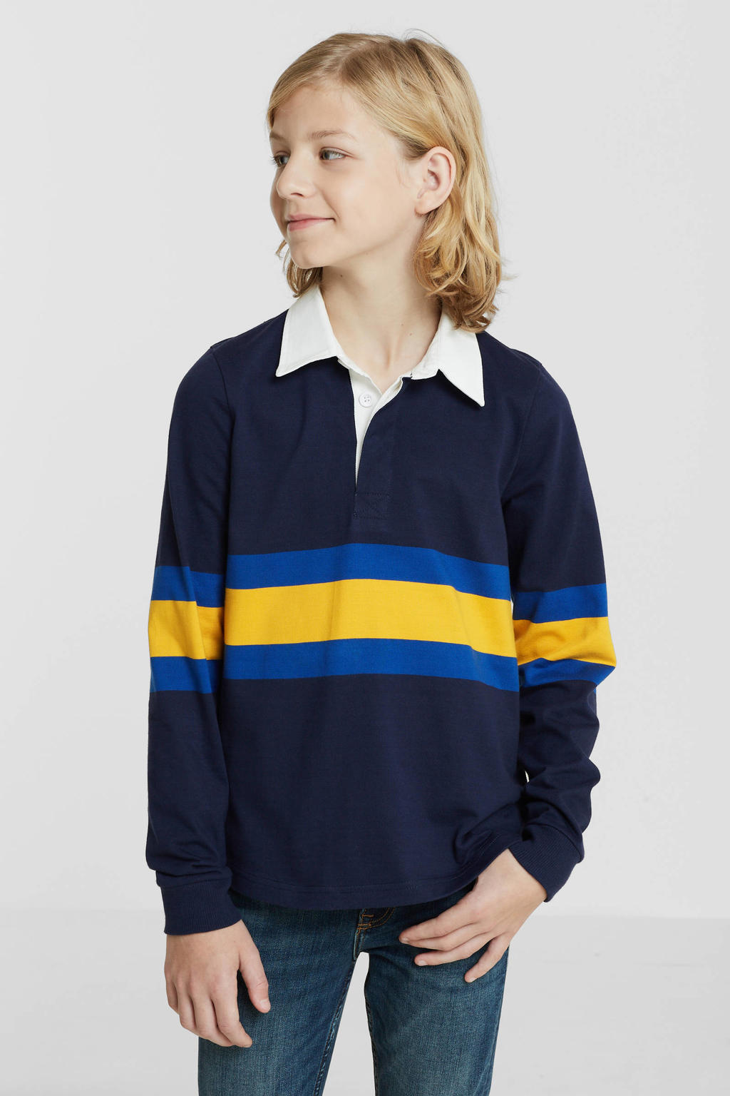 Donkerblauwe jongens anytime rugby trui van katoen met strepenprint, lange mouwen en klassieke kraag