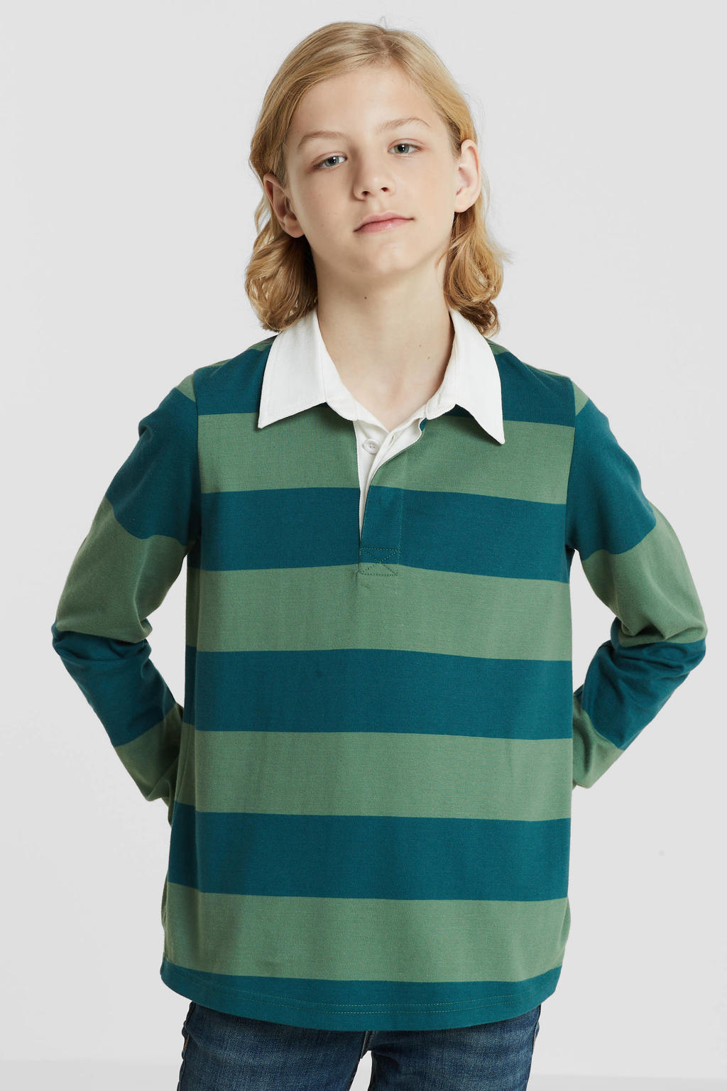 Groen en blauwe jongens anytime rugby trui van katoen met strepenprint, lange mouwen en klassieke kraag