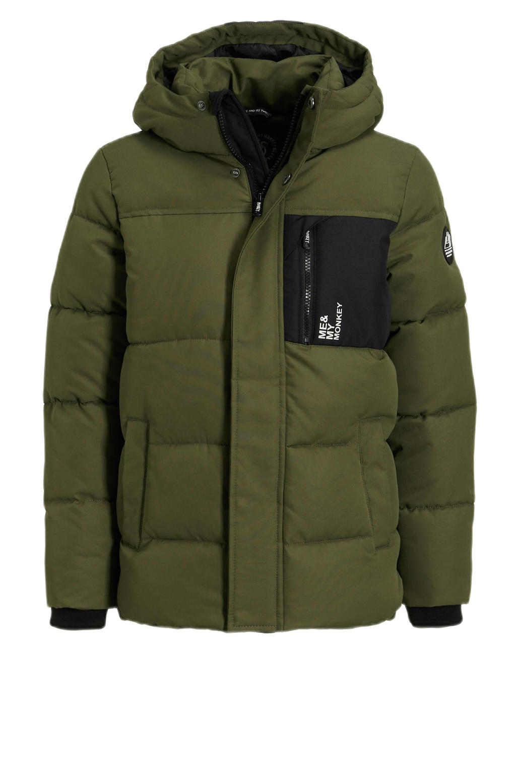 Kakikleurige jongens Me & My Monkey winterjas Nick van polyester met lange mouwen, capuchon en rits- en knoopsluiting