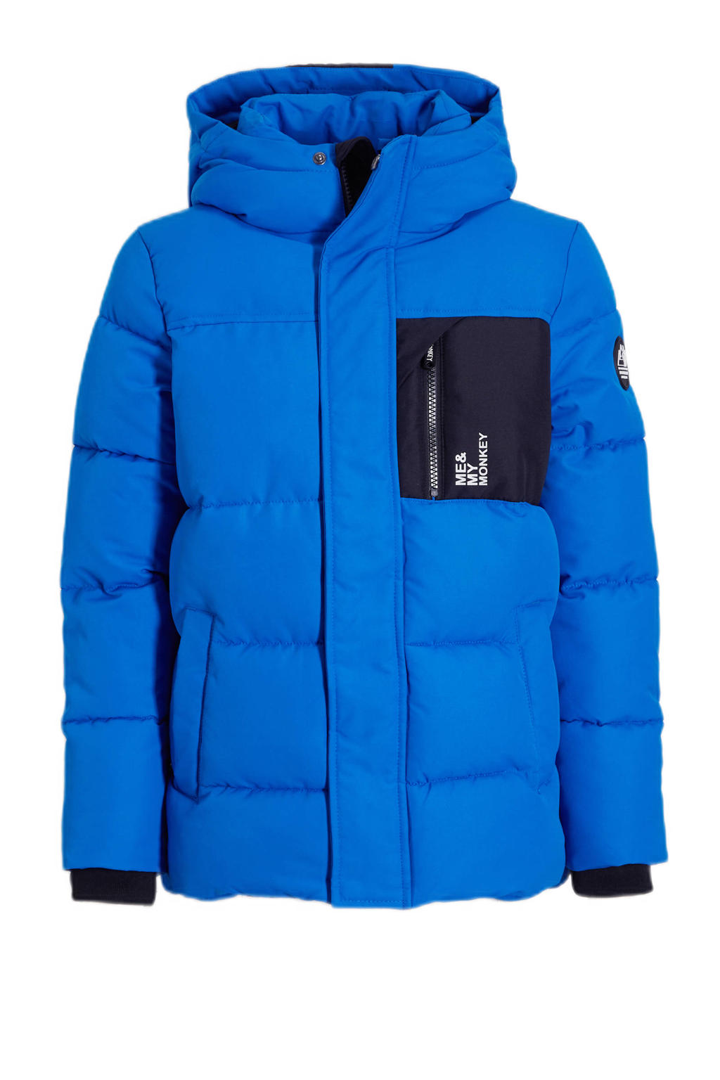 Blauwe jongens Me & My Monkey winterjas Nick van polyester met lange mouwen, capuchon en rits- en knoopsluiting